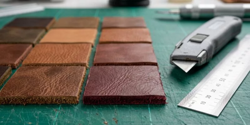 Macro view of pure aniline leather cut into standard specimen squares for laboratory color fastness testing