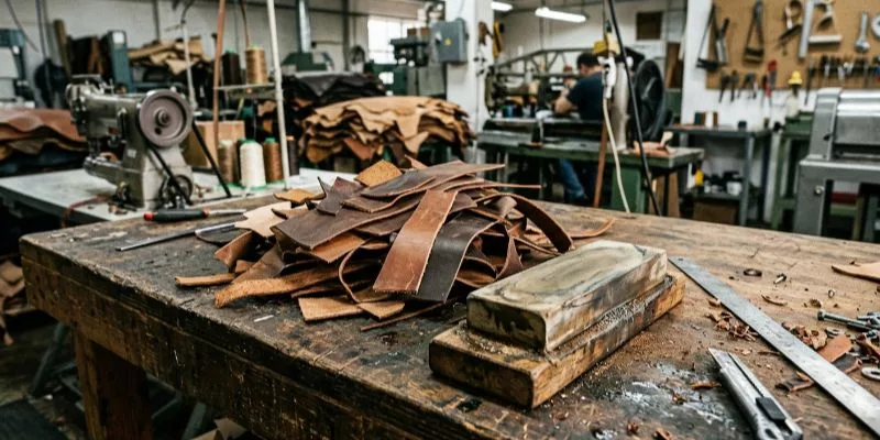 Ritagli di cuoio marrone utilizzati per testare la tensione della macchina scarnitrice, accanto a una pietra per affilare.