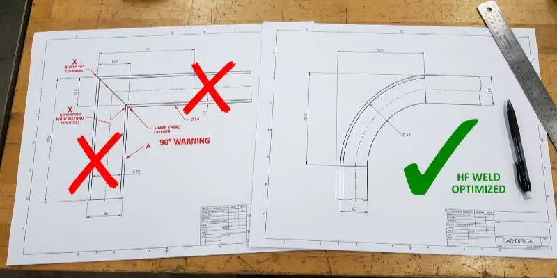 CAD blueprint showing a gentle curve design optimized for HF welding