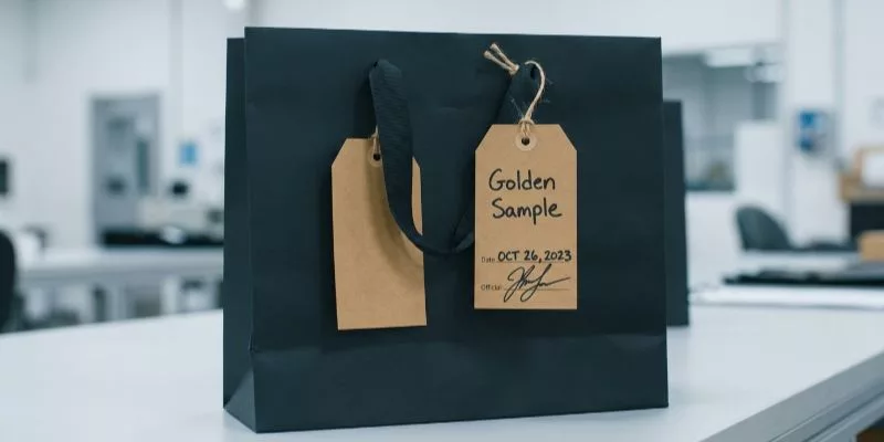 Ostateczna zatwierdzona torba prezentowa Golden Sample z podpisaną etykietą z papieru typu kraft
