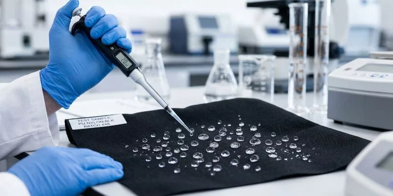 Lab technician performing a water repellency test on PU coated black nylon fabric.