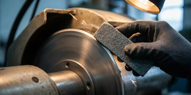 Macro shot of a technician sharpening a bell knife blade with a dressing stone.