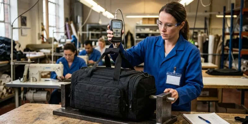 Un technicien du contrôle qualité teste la résistance de la poignée d'un sac de sport lourd à l'aide d'un dynamomètre numérique.