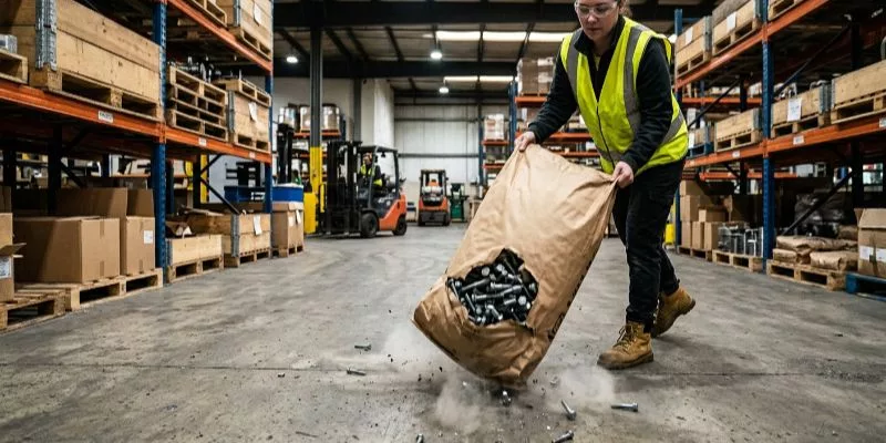 Real-world factory floor destructive drop test using a paper bag filled with 15kg of metal bolts.
