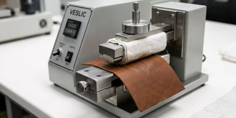 VESLIC leather color rubbing fastness testing machine performing a dry rub test on premium leather