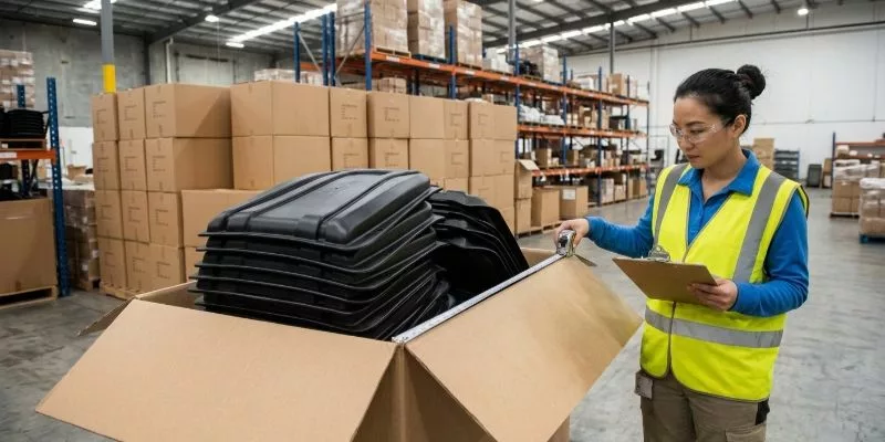 Worker measuring a bulky shipping carton filled with rigid curved backpack panels showing wasted empty space