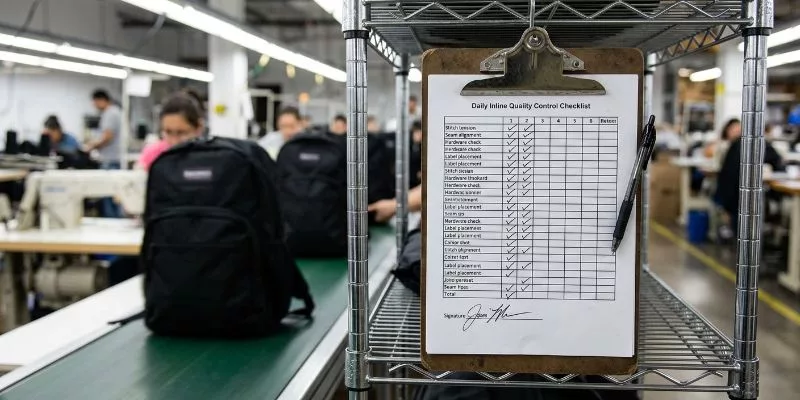 Daily inline quality control checklist on a factory clipboard next to assembly line