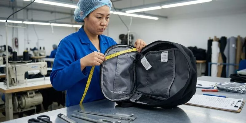 Quality inspector measuring a partially inside-out black backpack with a tape measure on a metal table.