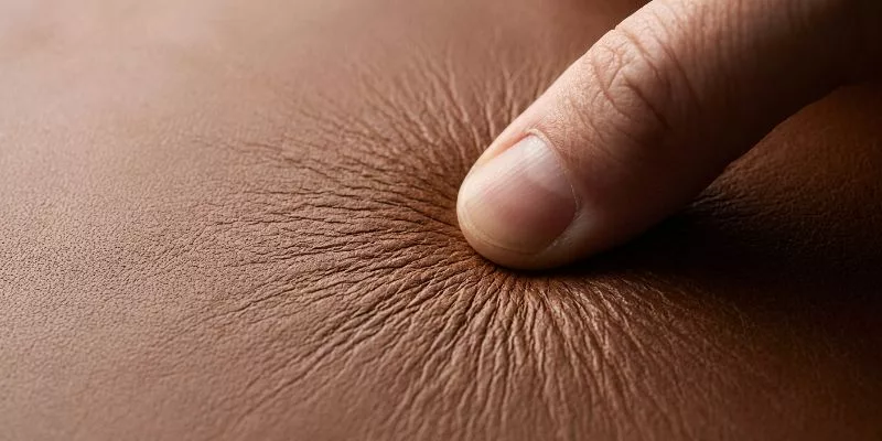 Le pouce s'enfonçant fermement dans le cuir pleine fleur, révélant des rides naturelles en forme d'étoile, atteste de son authenticité.