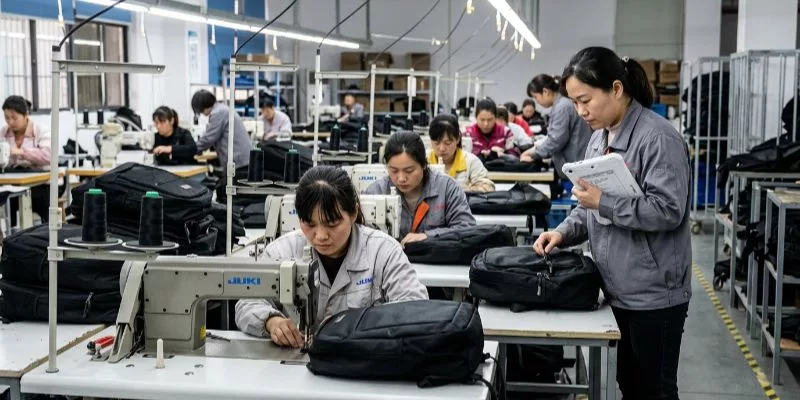 Atelier de fabrication de sacs avec des ouvriers utilisant des machines à coudre industrielles et un contrôleur qualité vérifiant la qualité.