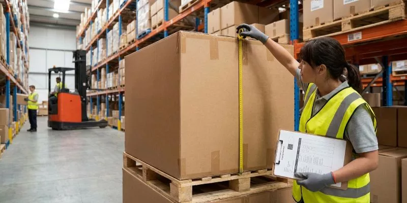 Logistics worker measuring the volumetric dimensions of a master carton for shipping.