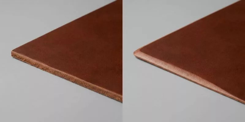 Side-by-side comparison of raw versus precision-skived leather edges.