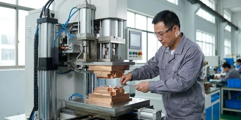 Factory operator adjusting a custom copper die on an HF welding machine