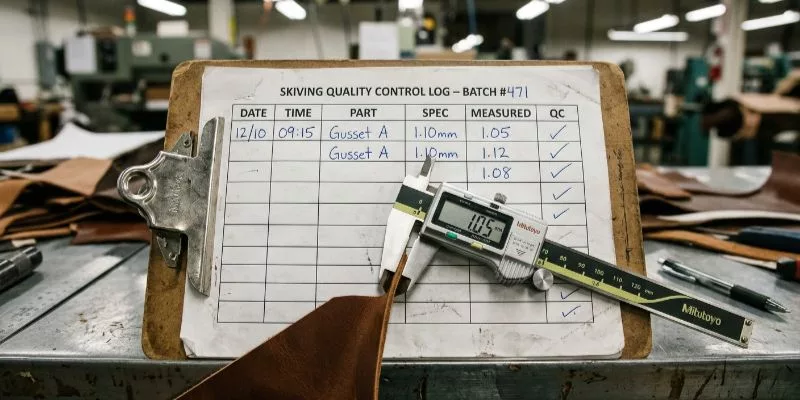 Registro di controllo qualità di fabbrica scritto a mano e calibro digitale per la misurazione dello spessore del bordo della pelle scarnita.