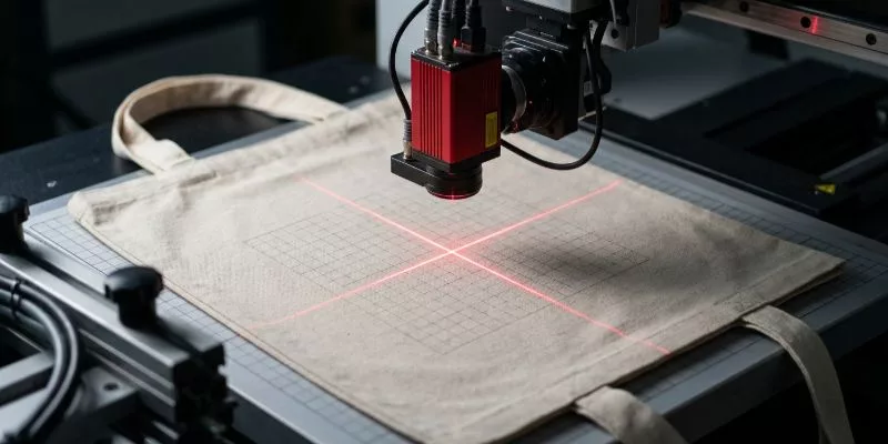 Czerwony laserowy przyrząd do wyrównywania, wyświetlający krzyżyk na torbie prezentowej, umożliwiający precyzyjne drukowanie logo