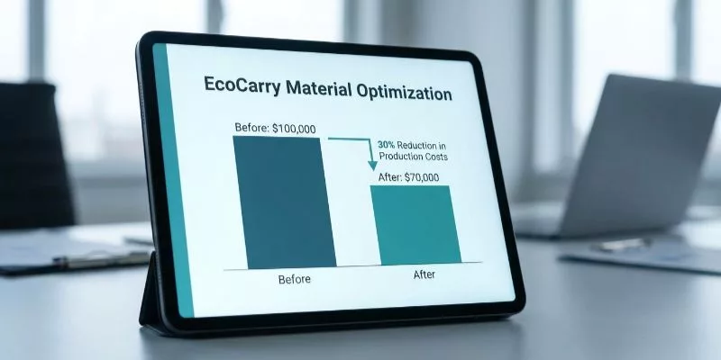 EcoCarry project data sheet showing 30% reduction in production costs.