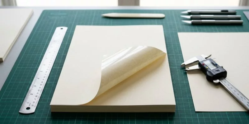 Physical comparison of 200 GSM paper stock and laminated paper layers at a production workstation.