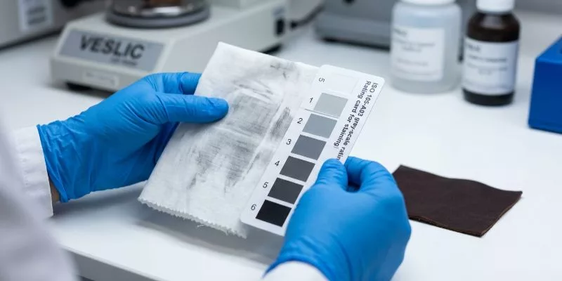 Quality control technician comparing a rubbed leather test cloth against an official ISO grey-scale rating card to make a release decision