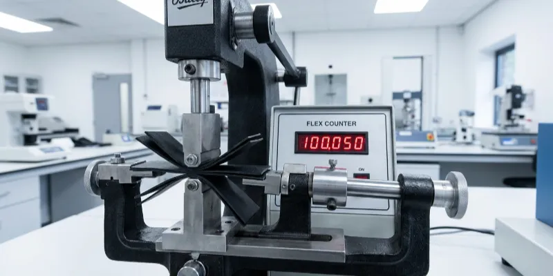 Maszyna testowa Bally Flex w laboratorium kontroli jakości testująca trwałość skóry z mikrofibry w 100 000 cyklach.