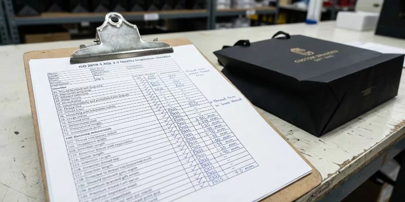 Wypełniona lista kontrolna kontroli jakości ISO 2859-1 AQL 2.5 w schowku