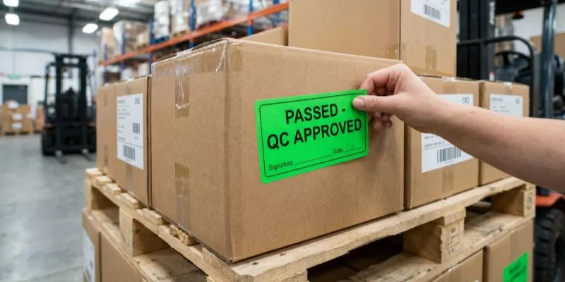 Quality inspector firmly applying a green passed release sticker on a carton box on a shipping pallet.