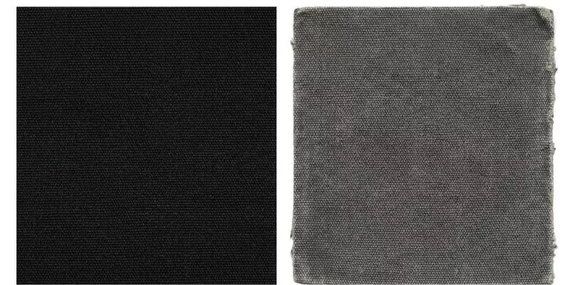 Confronto affiancato di campioni di tessuto di tela nera nuovi e scoloriti.