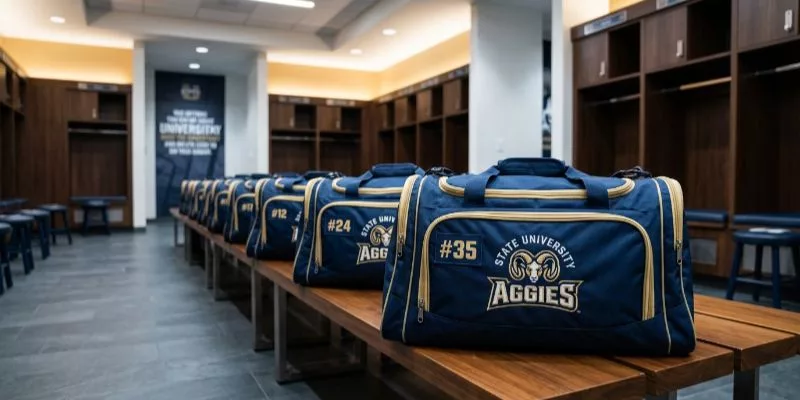 Des sacs de sport universitaires personnalisés flambant neufs, soigneusement alignés dans un vestiaire sportif moderne.