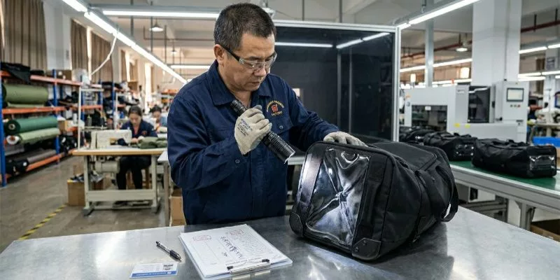 Un inspecteur du contrôle qualité teste les coutures du matériau de base d'un sac de sport à l'aide d'une lampe torche à haute luminosité dans une usine de fabrication.