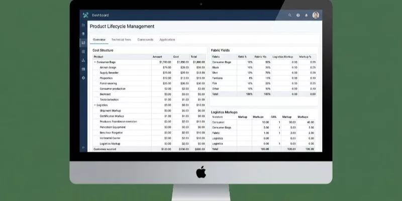Software ERP per la gestione del ciclo di vita del prodotto che mostra la distinta base del sacco