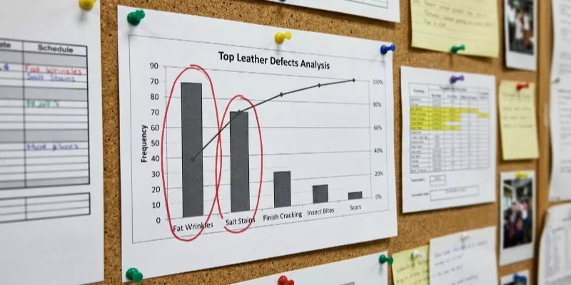 Diagramme de Pareto imprimé sur papier et épinglé sur un tableau d'affichage d'usine, présentant les données relatives aux principaux défauts du cuir.